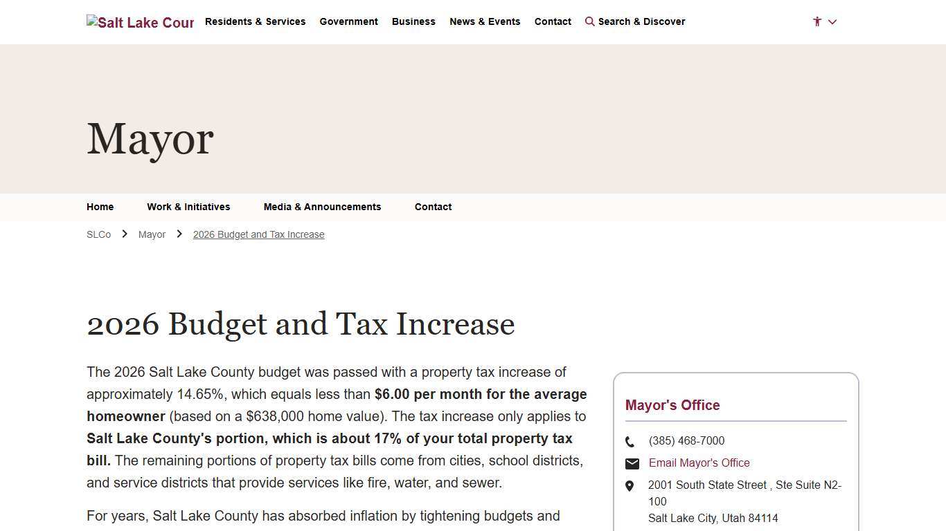 2026 Budget and Tax Increase - Mayor Salt Lake County